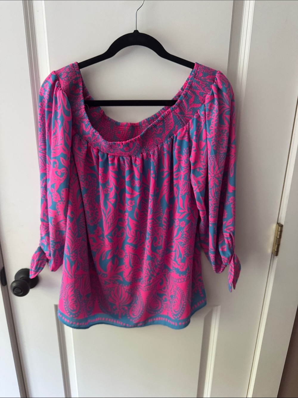Lilly Pulitzer Pink and Teal Floral-Paisley Peasant Blouse